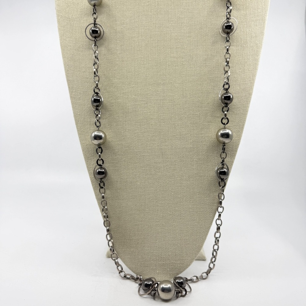 Modern Geometric Long Necklace Silver Tone Gunmetal Tone Orb Bead Statement Gift
